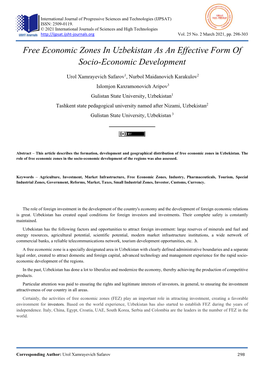 Free Economic Zones in Uzbekistan As an Effective Form of Socio-Economic Development