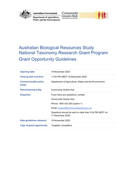 Australian Biological Resources Study National Taxonomy Research Grant Program Grant Opportunity Guidelines