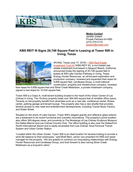 KBS REIT III Signs 20748 Square Feet in Leasing at Tower