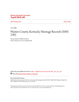 Warren County, Kentucky Marriage Records (MSS 230) Manuscripts & Folklife Archives Western Kentucky University, Mssfa@Wku.Edu