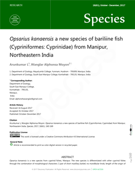 Opsarius Kanaensis a New Spe (Cypriniformes: Cyprinidae) Fr