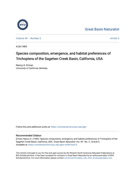 Species Composition, Emergence, and Habitat Preferences of Trichoptera of the Sagehen Creek Basin, California, USA