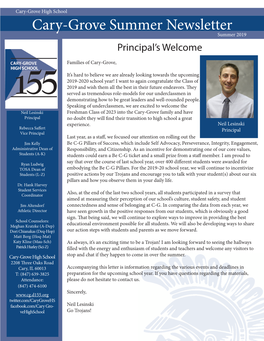 Cary-Grove Summer Newsletter Summer 2019 Principal’S Welcome