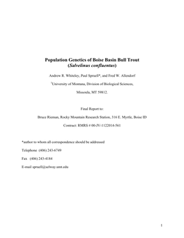 Population Genetics of Boise Basin Bull Trout (Salvelinus Confluentus)