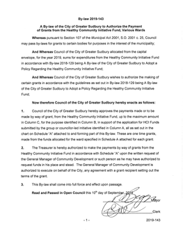 By-Law 2019-143 a By-Law of the City of Greater Sudbury to Authorize The