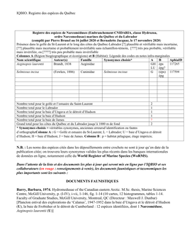 IQBIO. Registre Des Espèces Du Québec N.B. : Les Noms Des