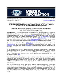 Broadcasters Set for Saturday's FOX UFC FIGHT NIGHT