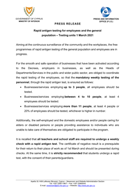 Rapid Antigen Testing for Employees and the General Population – Testing Units 1 March 2021