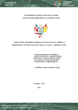 1 Universidad Católica De Santa María Facultad De Obstetricia Y Puericultura “Efecto Del Desmodium Molliculum (Manayupa)