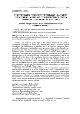 Hemiptera, Miridae) for Iran Insect Fauna from East Azarbayjan Province