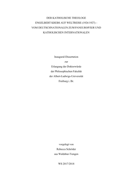 Der Katholische Theologe Engelbert Krebs Auf Weltreise (1926/1927) – Vom Deutschnationalen Zum Paneuropäer Und Katholischen Internationalen