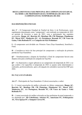 Regulamento Da Fase Principal Do Campeonato Estadual Da Série a De Profissionais Da Temporada De 2021 E Do Campeonato Da Temporada De 2022