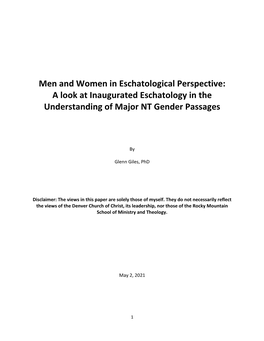 Men and Women in Eschatological Perspective: a Look at Inaugurated Eschatology in the Understanding of Major NT Gender Passages