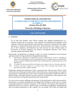 INTERNATIONAL CONFERENCE «A CROSS LOOK at the DECENTRALIZATION PROCESS in AFRICA» October 28 to 30, 2020 University of Dschang