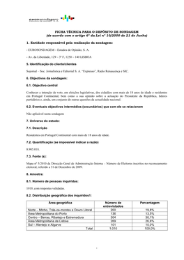 FICHA TÉCNICA PARA O DEPÓSITO DE SONDAGEM (De Acordo Com O Artigo 6º Da Lei Nº 10/2000 De 21 De Junho)