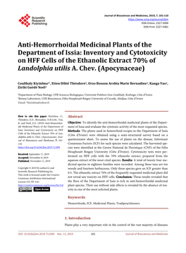 Anti-Hemorrhoidal Medicinal Plants of the Department of Issia: Inventory and Cytotoxicity on HFF Cells of the Ethanolic Extract 70% of Landolphia Utilis A