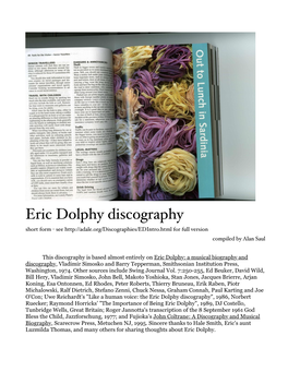 Eric Dolphy Discography Short Form - See for Full Version Compiled by Alan Saul
