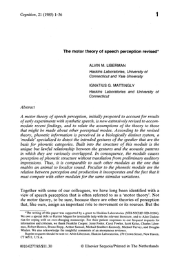 The Motor Theory of Speech Perception Revised* Haskins Laboratories