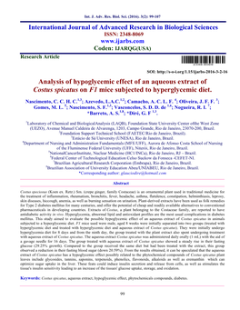 Analysis of Hypoglycemic Effect of an Aqueous Extract of Costus Spicatus on F1 Mice Subjected to Hyperglycemic Diet