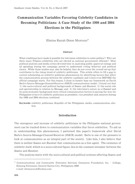 Communication Variables Favoring Celebrity Candidates in Becoming Politicians: a Case Study of the ῍Ῑῑῐ and ῎ῌῌ῏ Elections in the Philippines