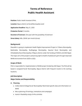 Terms of Reference Public Health Assistant