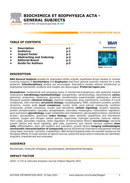 BIOCHIMICA ET BIOPHYSICA ACTA - GENERAL SUBJECTS One of the 10 Topical Journals of BBA