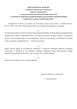 POSTANOWIENIE NR 89/2019 Komisarza Wyborczego W Ostrołęce II Z Dnia 23 Września 2019 R