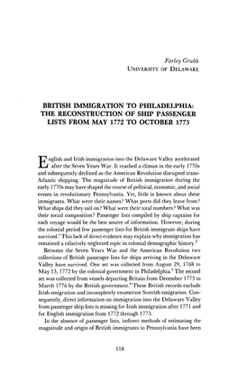 Parley Grubb BRITISH IMMIGRATION to PHILADELPHIA: the RECONSTRUCTION of SHIP PASSENGER LISTS from MAY 1772 to OCTOBER 1773