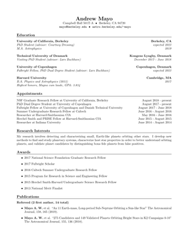 Andrew Mayo Campbell Hall 501T-A • Berkeley, CA 94720 Mayo@Berkeley.Edu • Astro.Berkeley.Edu/~Mayo