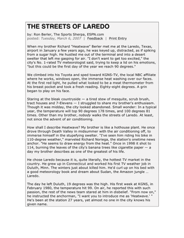 THE STREETS of LAREDO By: Ron Berler, the Sports Sherpa, ESPN.Com Posted: Tuesday, March 6, 2007 | Feedback | Print Entry