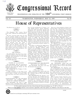 Congressional Record United States Th of America PROCEEDINGS and DEBATES of the 104 CONGRESS, FIRST SESSION