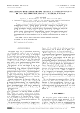 Department for Experimental Physics, University of Lviv, in 1872–1939: Contributions to Biobibliography