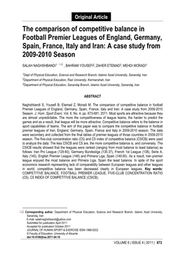 The Comparison of Competitive Balance in Football Premier Leagues of England, Germany, Spain, France, Italy and Iran: a Case Study from 2009-2010 Season
