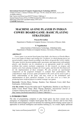 Machine As One Player in Indian Cowry Board Game: Basic Playing Strategies