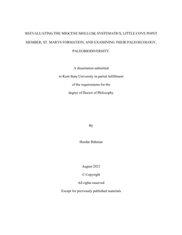 Reevaluating the Miocene Mollusk Systematics, Little Cove Point Member, St. Marys Formation, and Examining Their Paleoecology