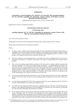 2019/2197 of 19 December 2019 Amending Regulation (EU) No 1387