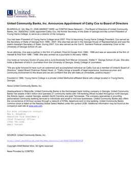 United Community Banks, Inc. Announces Appointment of Cathy Cox to Board of Directors