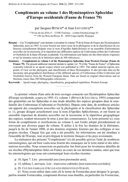 Compléments Au Volume 1 Des Hyménoptères D'europe