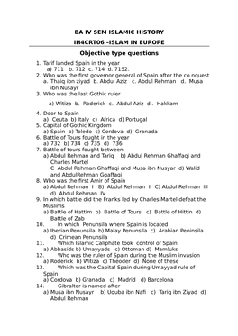 BA IV SEM ISLAMIC HISTORY IH4CRT06 –ISLAM in EUROPE Objective Type Questions 1