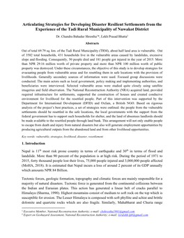 Articulating Strategies for Developing Disaster Resilient Settlements from the Experience of the Tadi Rural Municipality of Nuwakot District