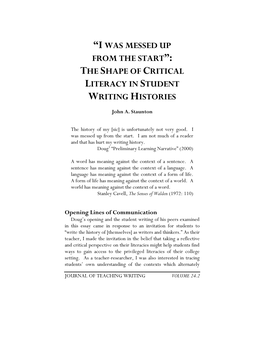 The Shape of Critical Literacy in Student Writing Histories