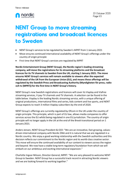 • NENT Group's Services to Be Regulated by Sweden's MPRT From