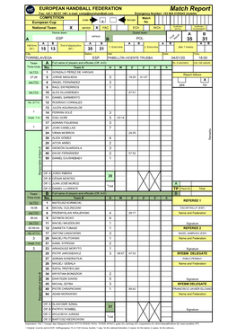 Match Report Fax: +43 1 80151 149 / E-Mail: Comp@Eurohandball.Com Emergency Number: +43 664 4105243 (Mobile) COMPETITION Match Male Female European Cup X No