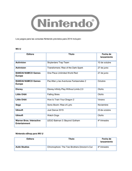 Los Juegos Para Las Consolas Nintendo Previstos Para 2014 Incluyen