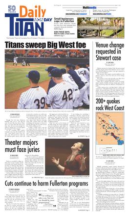 Titans Sweep Big West Foe Venue Change Requested in Stewart Case by Cort Tafoya Daily Titan Staff Writer News@Dailytitan.Com