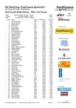 IOF World Cup / Postfinance Sprint 2011 La Chaux-De-Fonds, Switzerland World Cup #9, Middle Distance MEN - Final Results