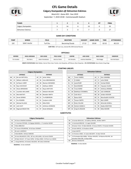 CFL Game Details Calgary Stampeders @ Edmonton Eskimos Week #13 - Game #59 - Year 2019 September 7, 2019-19:00 - Commonwealth Stadium