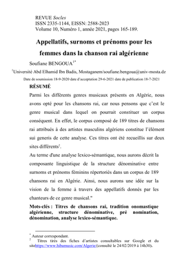 Appellatifs, Surnoms Et Prénoms Pour Les Femmes Dans La Chanson Rai