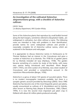 Investigation of the Cultivated Kalanchoe Daigremontiana Group, with a Checklist of Kalanchoe Cultivars