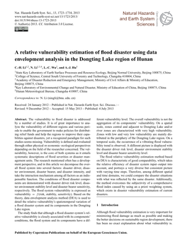 A Relative Vulnerability Estimation of Flood Disaster Using Data Envelopment Analysis in the Dongting Lake Region of Hunan